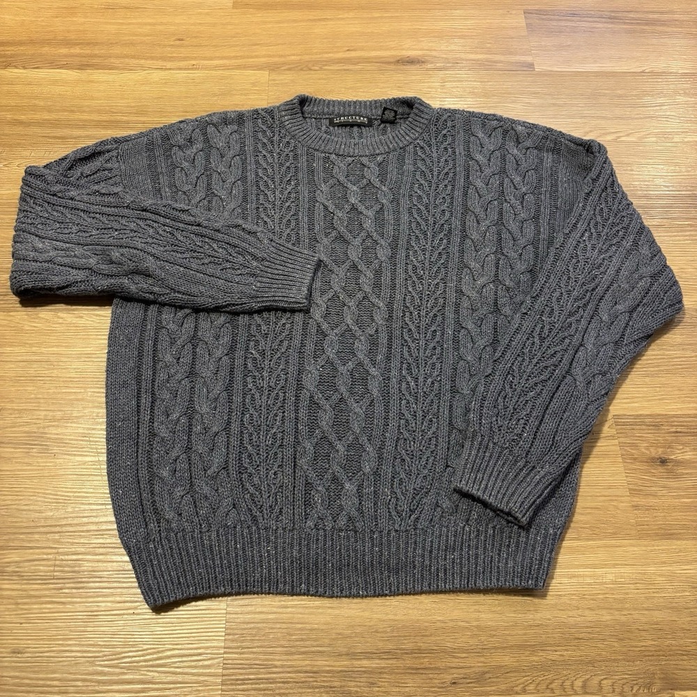Structure Sweater Mens XL Blue Chunky Cable Knit Ramie Cotton Oversized Crewneck